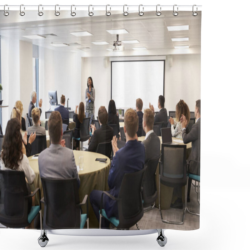 Personality  Delegates Applauding Businesswoman Making Presentation Shower Curtains
