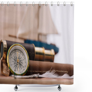 Personality  Compass Near Leather Copy Book And Telescope  Shower Curtains