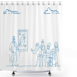 Personality  Group Senior People Medical Consultation Male Doctor Cardiologist Pensioners Hospital Health Care Concept Sketch Doodle Hand Drawn Shower Curtains