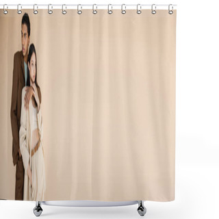 Personality  Young African American Man Hugging Asian Model In Stylish Pantsuit Isolated On Beige, Banner Shower Curtains