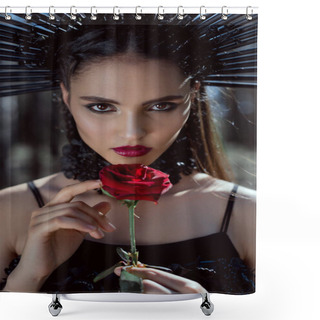 Personality  Portrait Of Beautiful Woman In Witch Costume Looking At Camera, Holding Red Rose In Hands Shower Curtains