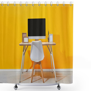 Personality  Computer, Photo Frames And Cactus At Workplace Near  Yellow Wall Shower Curtains
