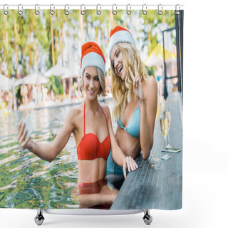 Personality  Beautiful Friends In Santa Hats Taking Selfie On Smartphones While Sitting In Swimming Pool With Champagne Glasses, Girl Showing Peace Symbol Shower Curtains