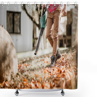 Personality  Portrait Of Male Using Leaf Blower, Close Up Details Of Gardening Shower Curtains