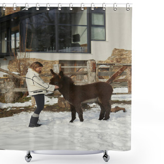 Personality  Woman Interacts With A Donkey Near A Snow-covered Fence. Shower Curtains
