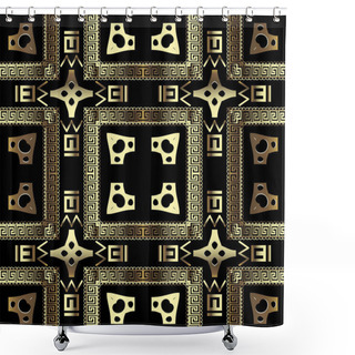 Personality  Gold 3d Greek Vector Seamless Pattern. Geometric Shapes, Square Frames, Symbols Background. Repeat Ornamental Backdrop. Zigzag Lines, Greek Key Meanders. Ancient Tribal Ethnic Style Ornate Design. Shower Curtains