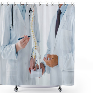 Personality  Cropped View Of Doctor Holding Spine Model Near Coworker In Clinic  Shower Curtains