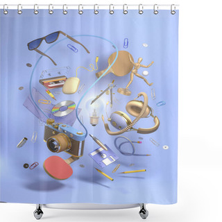 Personality  3d Rendering Group Objects Flying Around Light Bulb. Creativity Concept, Thinking And Get Bright Idea. Shower Curtains