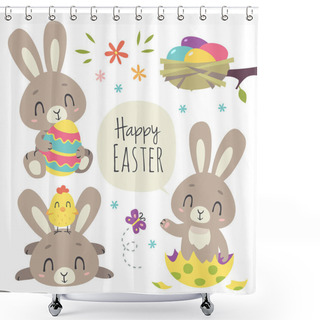 Personality  Vector Cartoon Style Easter Bunny Set Shower Curtains