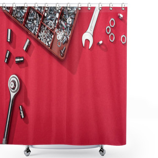 Personality  Top View Of Wrenches With Tool Box And Nozzles On Red Background Shower Curtains