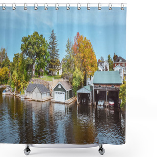 Personality  Boat Cottage Dock. Lake Ontario In Autumn. Colorful Vivid Trees. Canada, United States Of America. Shower Curtains