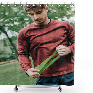 Personality  Handsome Sportsman Holding Elastics Band While Working Out In Park  Shower Curtains