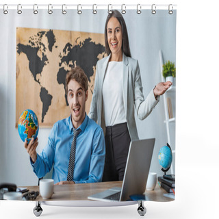 Personality  Attractive Travel Agent Showing Welcome Gesture While Standing Near Smiling Colleague Holding Globe Shower Curtains