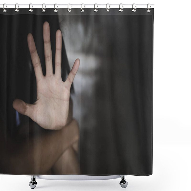 Personality  Woman Using Hand Palm To Stop. Stop Violence Against Women Campaign Concept With Copy Space. Shower Curtains