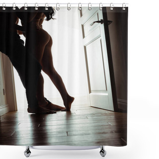 Personality  Silhouettes Of Sexy Young Passionate Undressed Couple Near Door, Cropped View Shower Curtains