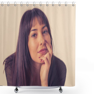 Personality  Close Up Portrait Of Young Beautiful Caucasian Woman With Happy Face And Beautiful Smile. Isolated On Neutral Background. In People, Positive Human Expression And Emotions Concept. Shower Curtains