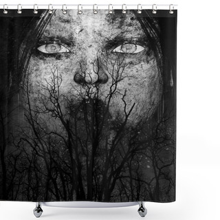 Personality  3d Illustration Of Close Up Scary Ghost Woman In The Woods,Horror Background Mixed Media Shower Curtains