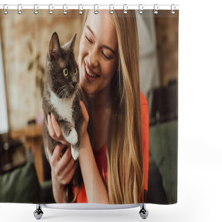 Personality  Happy Young Woman Looking At Cute Cat At Home Shower Curtains