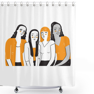 Personality  A Group Of Women Who Are Diverse In Ethnicity And Skin Color. Illustration Of A Line Art Doodle Style Shower Curtains