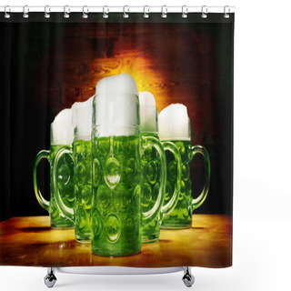 Personality  Five Green Beer Glasses On The Wooden Table Shower Curtains