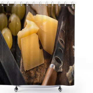 Personality  Selective Focus Of Pieces Of Cheese And Knife On Cutting Board Next To Grapes On Tray Shower Curtains