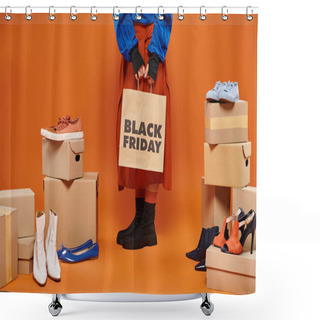 Personality  Cropped Woman In Autumnal Clothes Standing Near Boxes With Different Shoes On Orange, Black Friday Shower Curtains