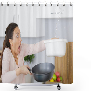 Personality  Worried Woman Holding Bucket While Water Droplets Leaking From Ceiling Shower Curtains