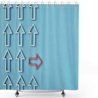 Personality  Top View Of Horizontal Red Arrow Among White Vertical Pointers On Blue Background Shower Curtains