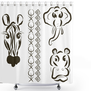 Personality  Set Of Tree Typical African Animals: Hippo, Elephant And Zebra With Two Black Hand-drawn Stylized African Border Ethnic Ornaments. Shower Curtains