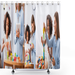 Personality  Collage Of Psychologist With Digital Tablet Looking And Helping African American Girl Building Tower With Wooden Blocks In Office, Banner Shower Curtains