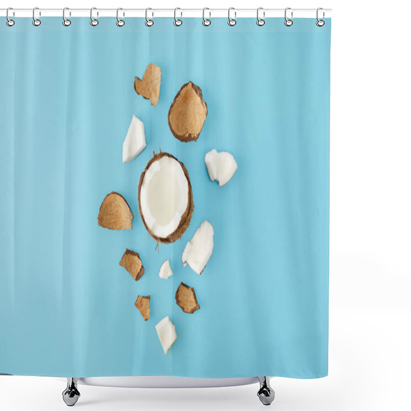 Personality  Top View Of Arranged Coconut Pieces Isolated On Blue Shower Curtains
