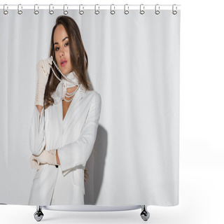 Personality  Beautiful Girl In Suit Touching Pearl Necklace And Looking At Camera On White Background Shower Curtains