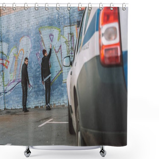 Personality  Back View Of Vandals Painting Graffiti On Wall, Police Car On Foreground Shower Curtains