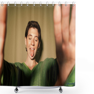 Personality  Funny Model With Closed Eyes And Outstretched Hands Sticking Out Tongue On Green Background Shower Curtains