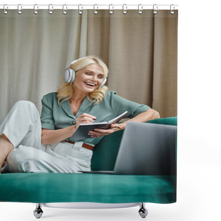 Personality  Excited Middle Aged Woman In Wireless Headphones Sitting On Sofa Near Laptop And Writing In Notebook Shower Curtains