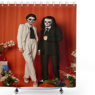Personality  Couple In Sugar Skull Makeup And  Elegant Suits Near Dia De Los Muertos Altar With Flowers On Red Shower Curtains