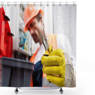 Personality  Selective Focus Of Electrician In Hardhat Holding Pliers Near Toolbox  Shower Curtains