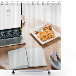 Personality  Laptop With Google Website, Notepad, Donuts And Hamburger With French Fries At Workplace  Shower Curtains