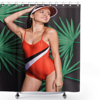 Personality  Smiling Woman In Orange Swimsuit And Visor Shower Curtains
