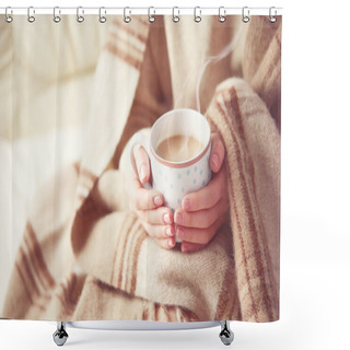 Personality  Cup Of Hot Coffee Warming In The Hands Of A Girl Shower Curtains