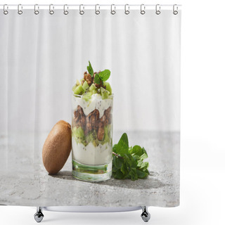 Personality  Fresh Granola With Kiwi And Mint On Concrete Surface Isolated On Grey Shower Curtains