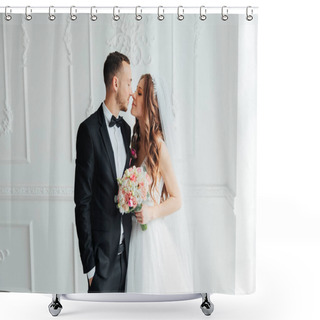 Personality  The First Meeting Of The Groom In A Black Suit And The Bride In A White Wedding Dress With A Bouquet In The Interior Of A Photo Studio On A White And Black Background Shower Curtains