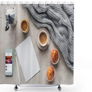 Personality  Top View Of Cup Of Coffee With Muffins, Blank Paper And Smartphone With Soundcloud App On Screen On Concrete Surface With Knitted Wool Drapery Shower Curtains