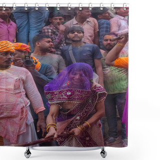 Personality  Barsana, Uttar Pradesh, India- March 2022: Hindu Women From Barsana With Veil On Their Face And Bamboo Stick In Hand Beating The Male People From Nandgaon As The Traditional Ritual Of Lathmar Holi Shower Curtains