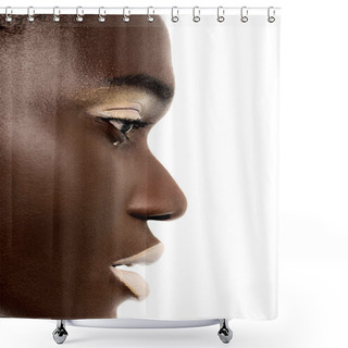 Personality  Profile Portrait Of Beautiful Tender African American Girl With White Makeup Looking Away Isolated On White Shower Curtains