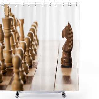 Personality  Selective Focus Of Brown Knight Against Chess Pieces On Chessboard Isolated On White Shower Curtains
