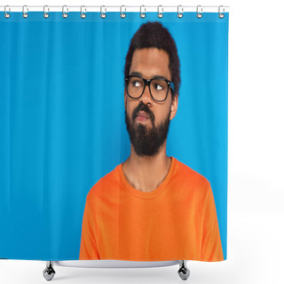 Personality  Doubtful African American Man In Glasses Isolated On Blue Shower Curtains