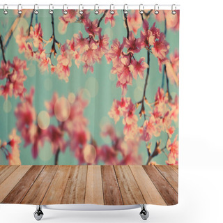 Personality  Table Top Over Pink Cherry Blossoms Flower In Full Bloom Shower Curtains