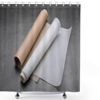 Personality  Rolls Of Baking Paper On Grey Table Shower Curtains