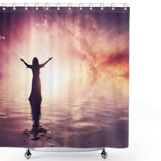 Personality  Woman Lifting Her Hands Up At Sunset Shower Curtains